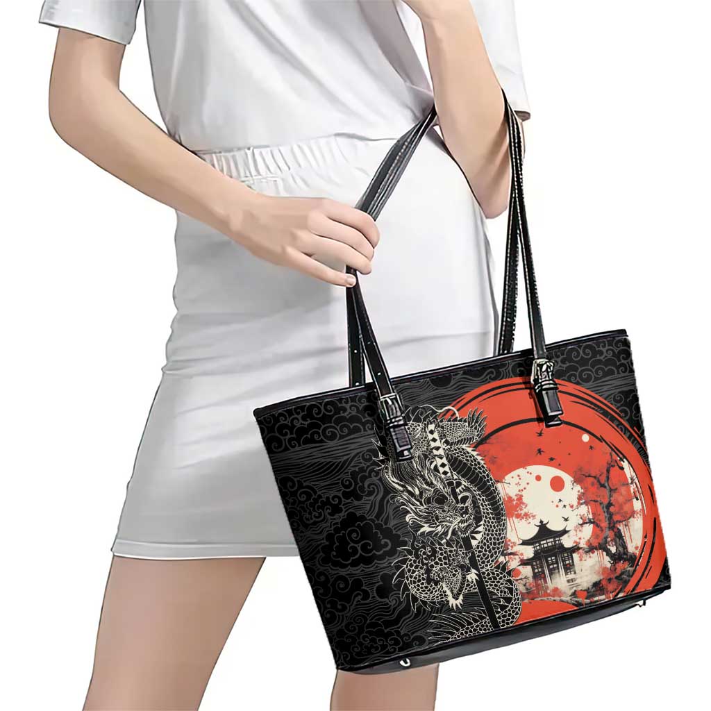 Japanese Dragon Katana Enso Leather Tote Bag Japan Pagoda Seamless Cloud - Polynesian Pride