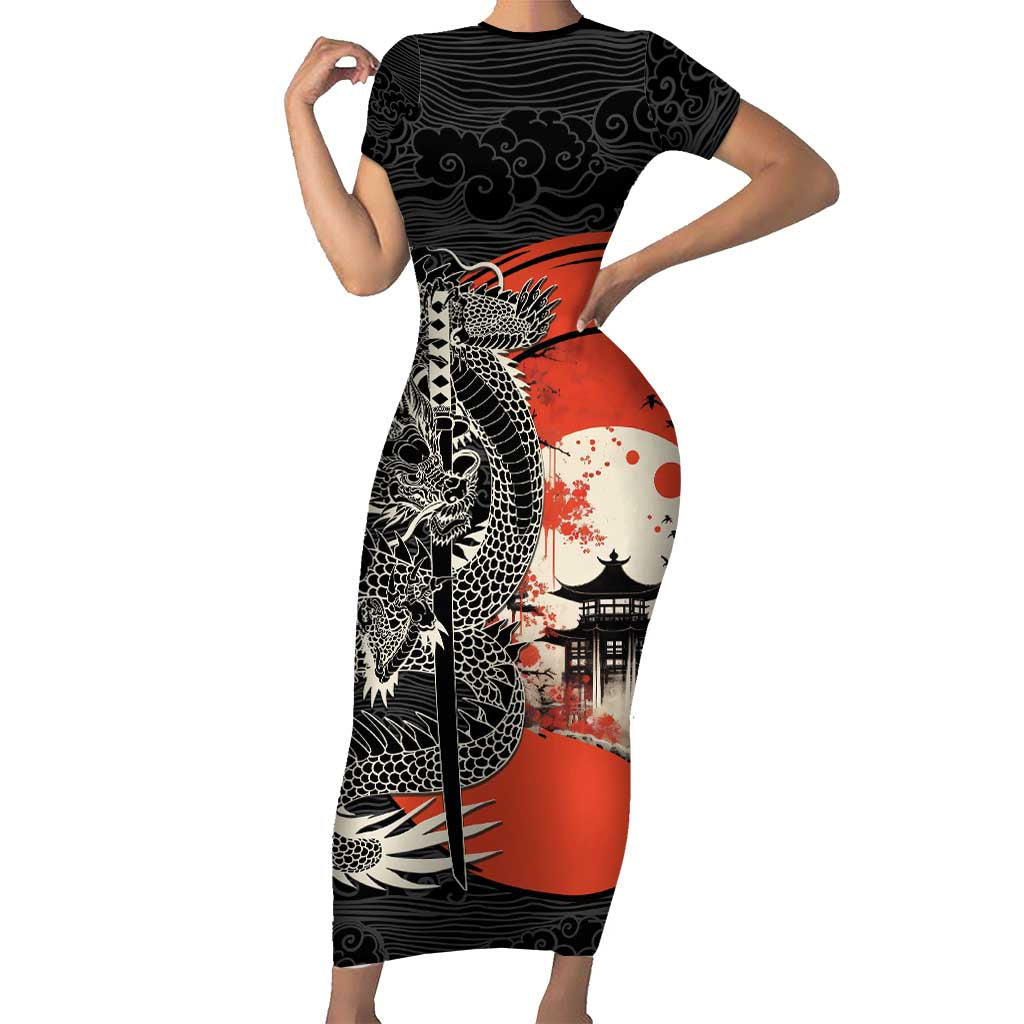 Japanese Dragon Katana Enso Short Sleeve Bodycon Dress Japan Pagoda Seamless Cloud - Polynesian Pride