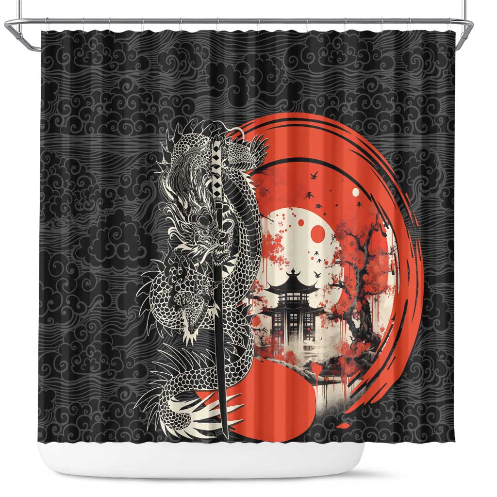 Japanese Dragon Katana Enso Shower Curtain Japan Pagoda Seamless Cloud - Polynesian Pride