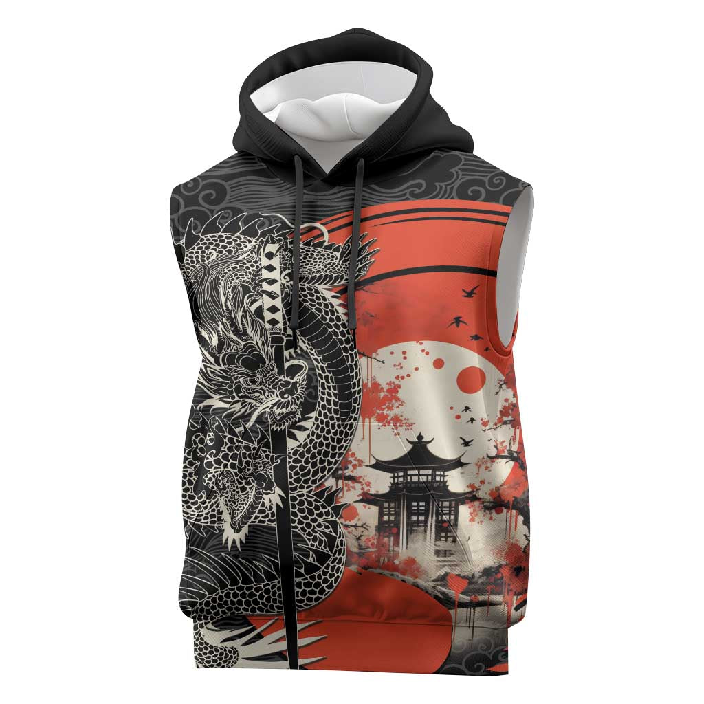 Japanese Dragon Katana Enso Sleeveless Hoodie Japan Pagoda Seamless Cloud LT14 Black - Polynesian Pride