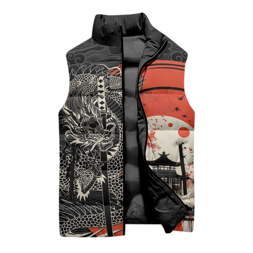 Japanese Dragon Katana Enso Sleeveless Puffer Jacket Japan Pagoda Seamless Cloud - Polynesian Pride