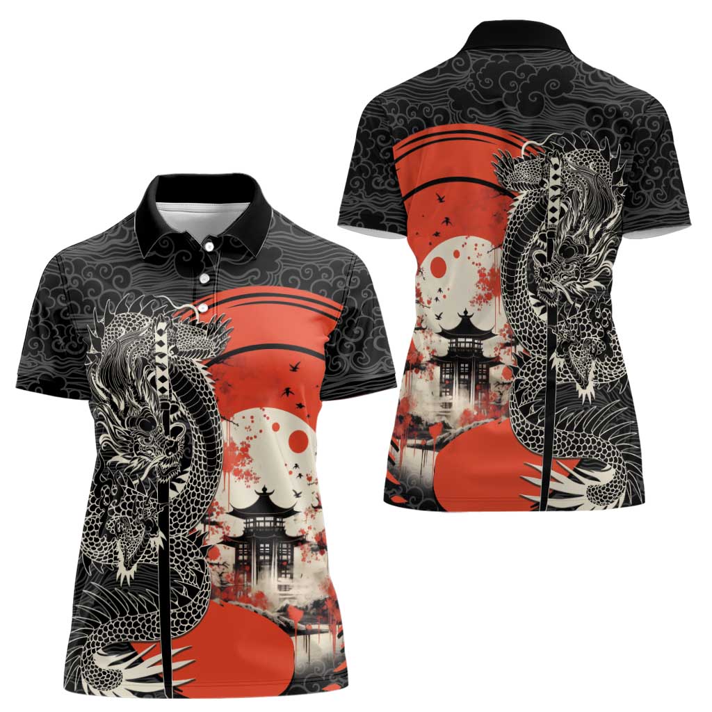 Japanese Dragon Katana Enso Women Polo Shirt Japan Pagoda Seamless Cloud LT14 - Polynesian Pride
