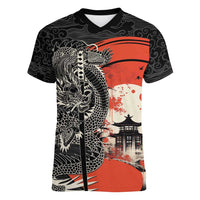 Japanese Dragon Katana Enso Women V-Neck T-Shirt Japan Pagoda Seamless Cloud LT14 Female Black - Polynesian Pride