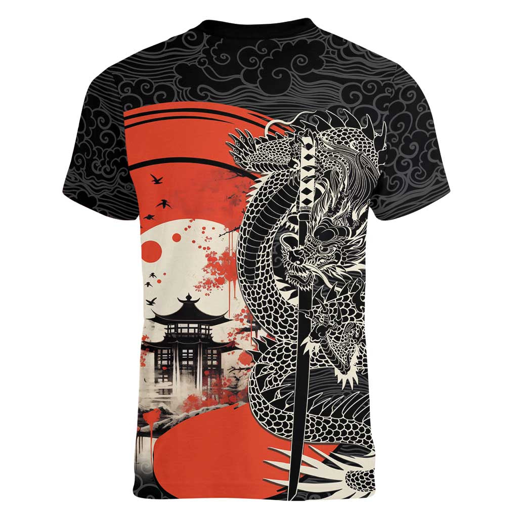 Japanese Dragon Katana Enso Women V-Neck T-Shirt Japan Pagoda Seamless Cloud LT14 - Polynesian Pride