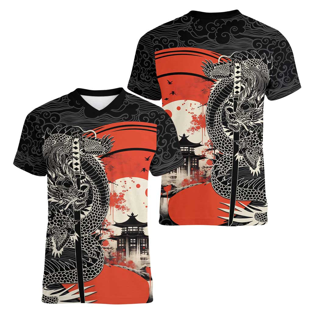 Japanese Dragon Katana Enso Women V-Neck T-Shirt Japan Pagoda Seamless Cloud LT14 - Polynesian Pride