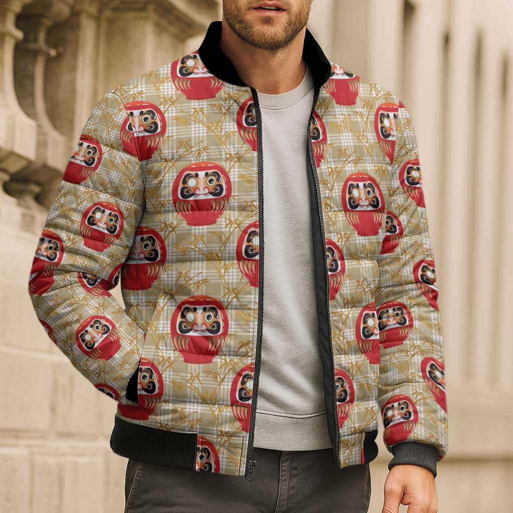 Japanese Daruma Doll Bomber Puffer Jacket Palaka With Seamless Bamboo Pattern - Polynesian Pride