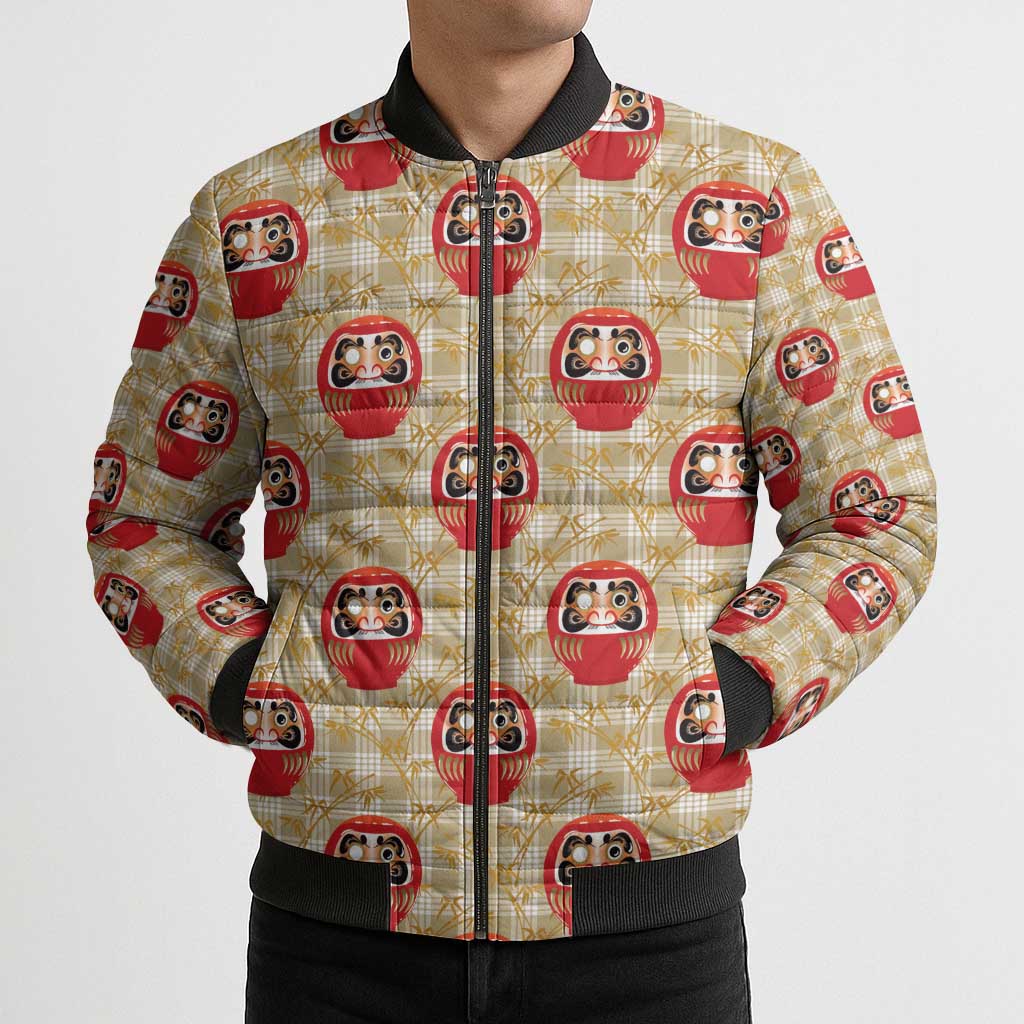 Japanese Daruma Doll Bomber Puffer Jacket Palaka With Seamless Bamboo Pattern - Polynesian Pride
