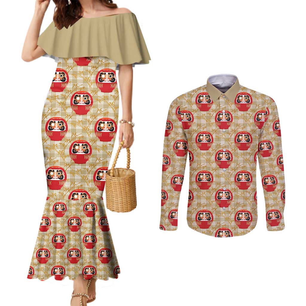 Japanese Daruma Doll Couples Matching Mermaid Dress and Long Sleeve Button Shirt Palaka With Seamless Bamboo Pattern LT14 Beige - Polynesian Pride