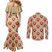Japanese Daruma Doll Couples Matching Mermaid Dress and Long Sleeve Button Shirt Palaka With Seamless Bamboo Pattern - Polynesian Pride