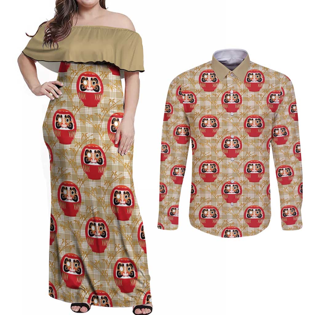Japanese Daruma Doll Couples Matching Off Shoulder Maxi Dress and Long Sleeve Button Shirt Palaka With Seamless Bamboo Pattern LT14 Beige - Polynesian Pride