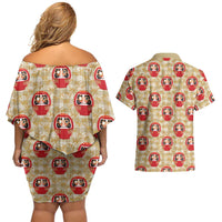 Japanese Daruma Doll Couples Matching Off Shoulder Short Dress and Hawaiian Shirt Palaka With Seamless Bamboo Pattern - Polynesian Pride