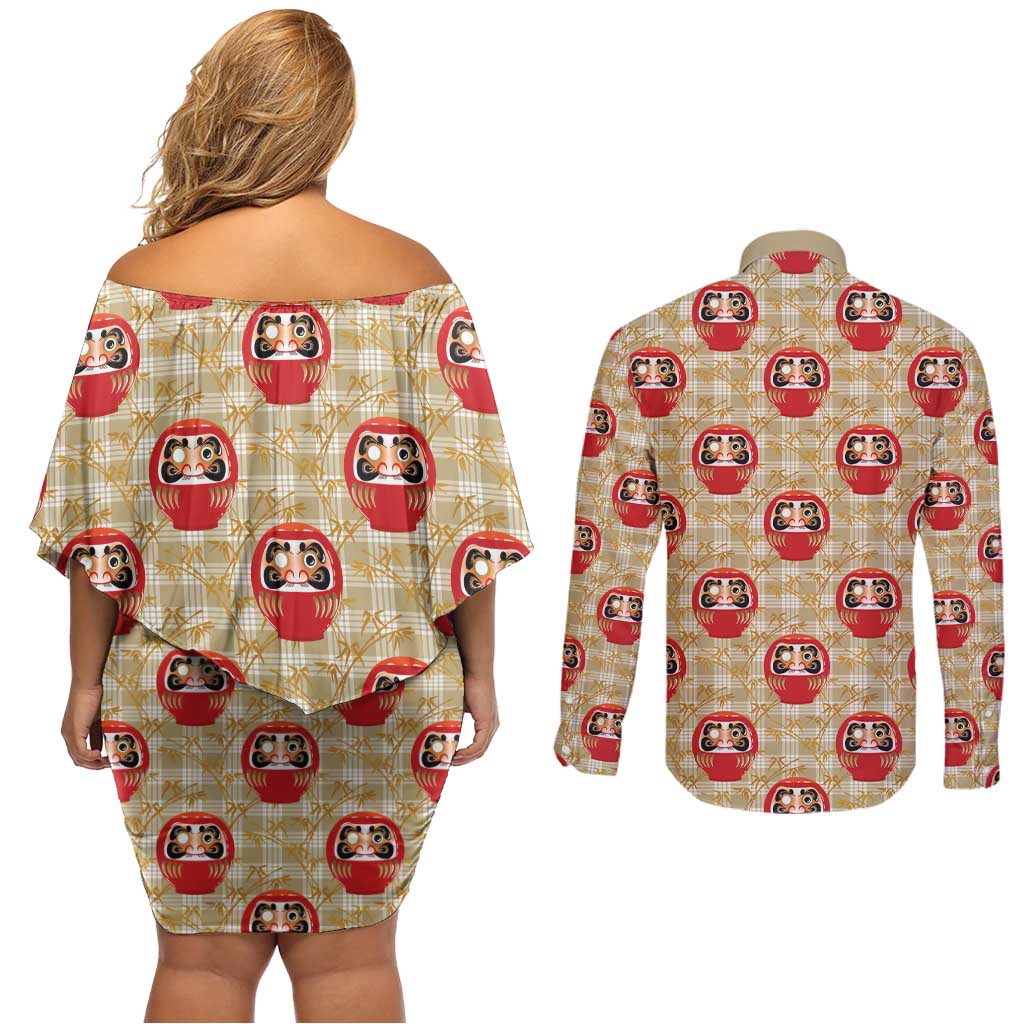 Japanese Daruma Doll Couples Matching Off Shoulder Short Dress and Long Sleeve Button Shirt Palaka With Seamless Bamboo Pattern - Polynesian Pride