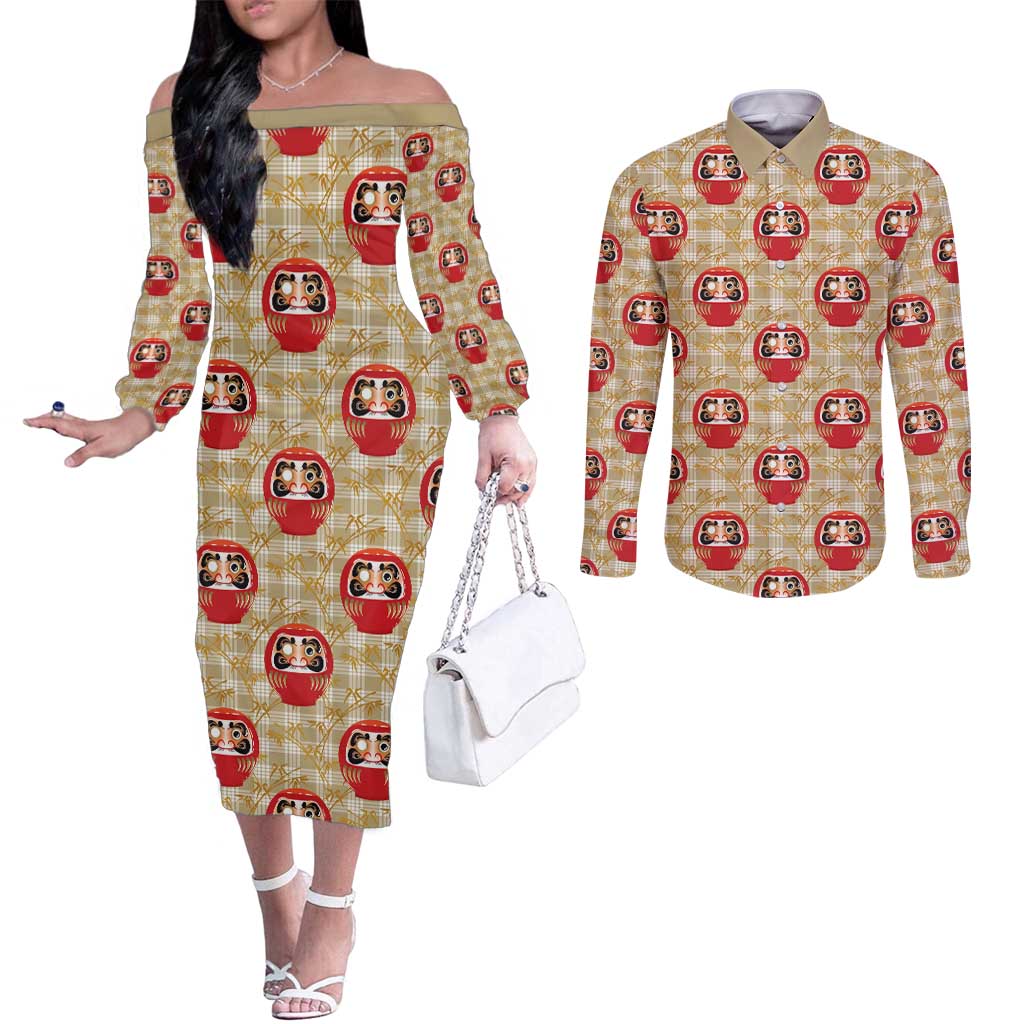 Japanese Daruma Doll Couples Matching Off The Shoulder Long Sleeve Dress and Long Sleeve Button Shirt Palaka With Seamless Bamboo Pattern LT14 Beige - Polynesian Pride