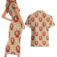 Japanese Daruma Doll Couples Matching Short Sleeve Bodycon Dress and Hawaiian Shirt Palaka With Seamless Bamboo Pattern - Polynesian Pride