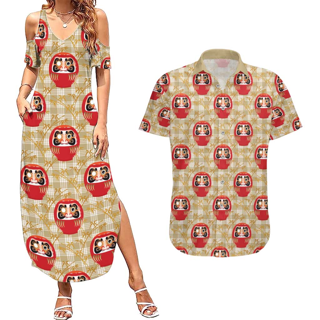 Japanese Daruma Doll Couples Matching Summer Maxi Dress and Hawaiian Shirt Palaka With Seamless Bamboo Pattern LT14 Beige - Polynesian Pride