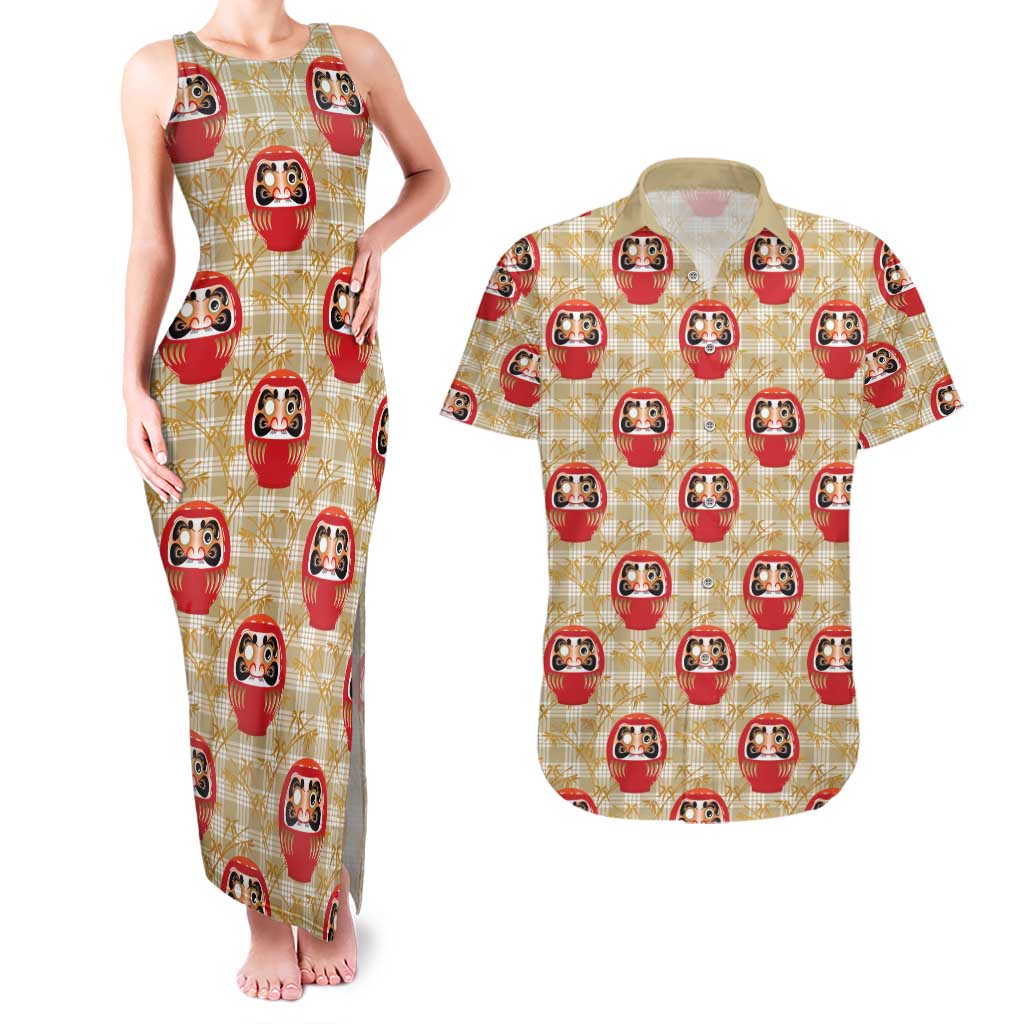 Japanese Daruma Doll Couples Matching Tank Maxi Dress and Hawaiian Shirt Palaka With Seamless Bamboo Pattern - Polynesian Pride
