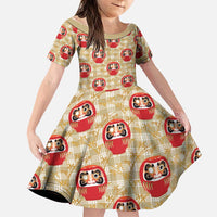Japanese Daruma Doll Family Matching Off Shoulder Maxi Dress and Hawaiian Shirt Palaka With Seamless Bamboo Pattern LT14 Daughter's Dress Beige - Polynesian Pride