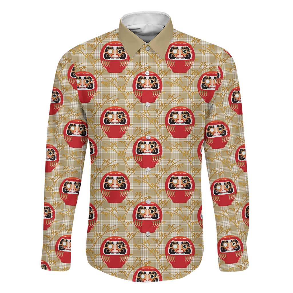 Japanese Daruma Doll Family Matching Off Shoulder Maxi Dress and Hawaiian Shirt Palaka With Seamless Bamboo Pattern LT14 Dad's Shirt - Long Sleeve Beige - Polynesian Pride