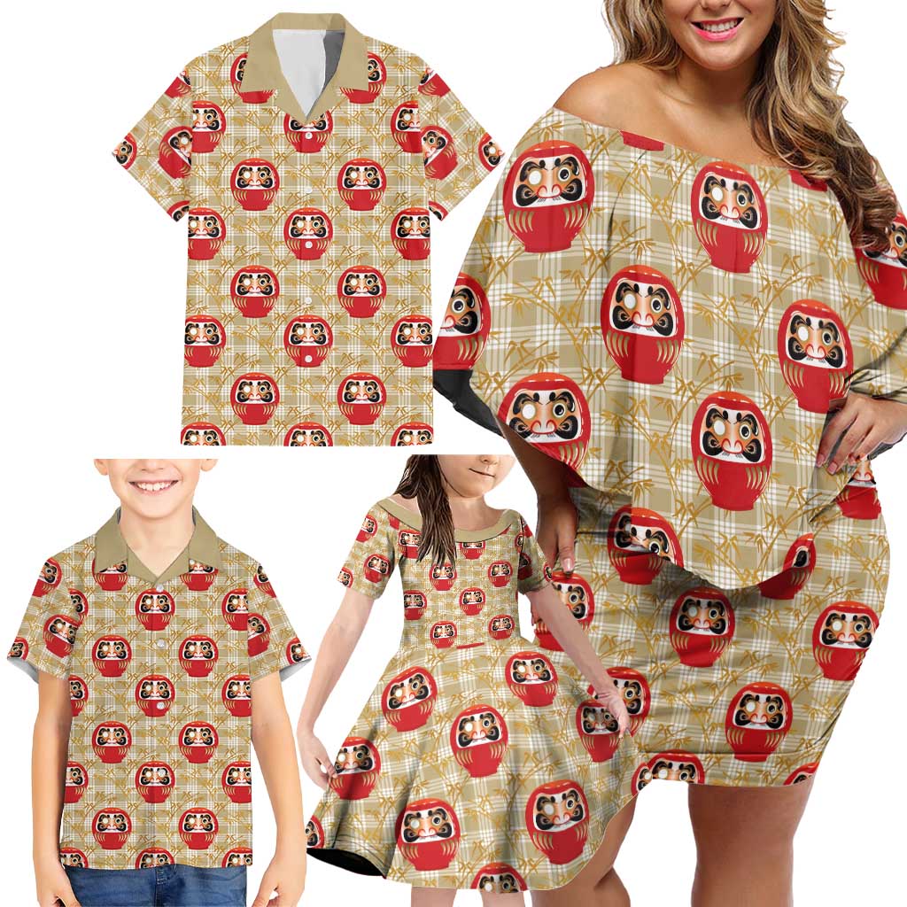 Japanese Daruma Doll Family Matching Off Shoulder Short Dress and Hawaiian Shirt Palaka With Seamless Bamboo Pattern - Polynesian Pride