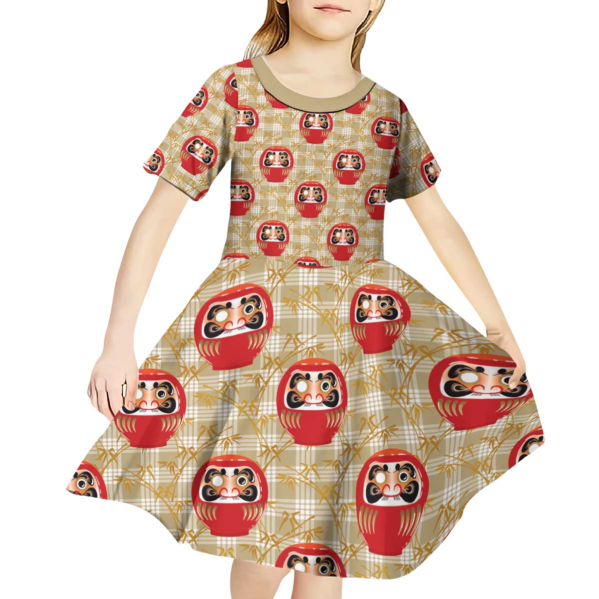 Japanese Daruma Doll Kid Short Sleeve Dress Palaka With Seamless Bamboo Pattern - Polynesian Pride