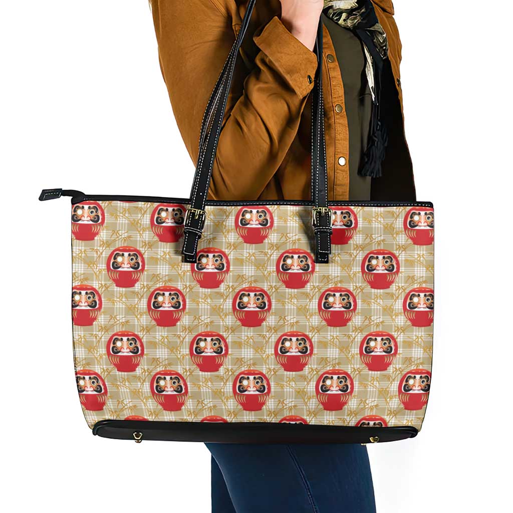 Japanese Daruma Doll Leather Tote Bag Palaka With Seamless Bamboo Pattern - Polynesian Pride
