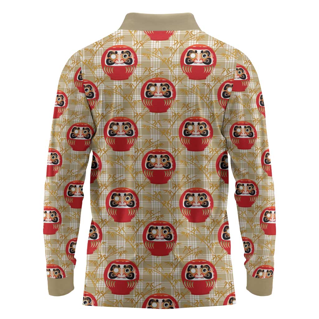 Japanese Daruma Doll Long Sleeve Polo Shirt Palaka With Seamless Bamboo Pattern - Polynesian Pride