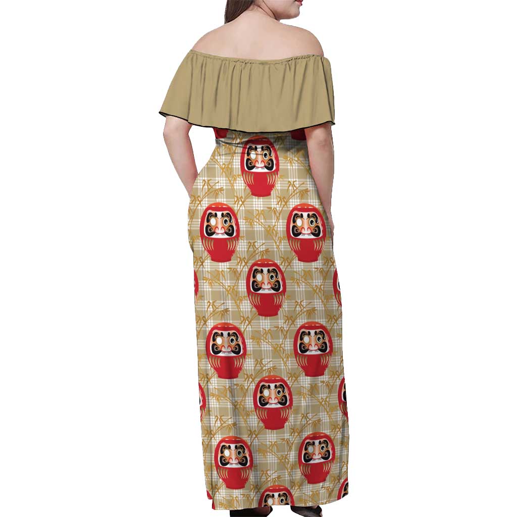 Japanese Daruma Doll Off Shoulder Maxi Dress Palaka With Seamless Bamboo Pattern - Polynesian Pride