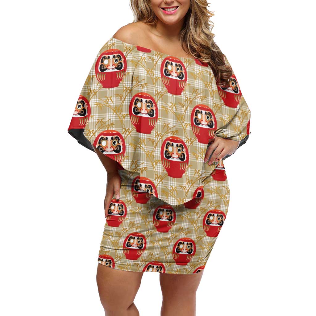 Japanese Daruma Doll Off Shoulder Short Dress Palaka With Seamless Bamboo Pattern LT14 Women Beige - Polynesian Pride
