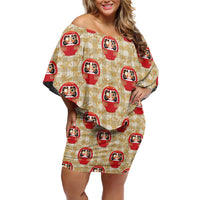 Japanese Daruma Doll Off Shoulder Short Dress Palaka With Seamless Bamboo Pattern LT14 Women Beige - Polynesian Pride