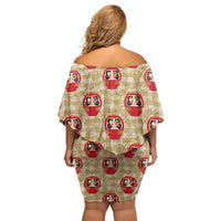 Japanese Daruma Doll Off Shoulder Short Dress Palaka With Seamless Bamboo Pattern LT14 - Polynesian Pride