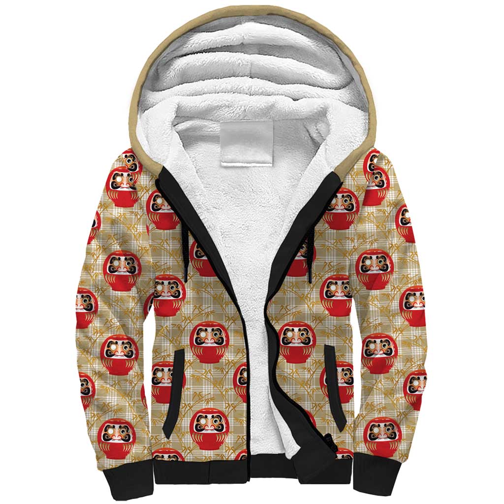 Japanese Daruma Doll Sherpa Hoodie Palaka With Seamless Bamboo Pattern - Polynesian Pride