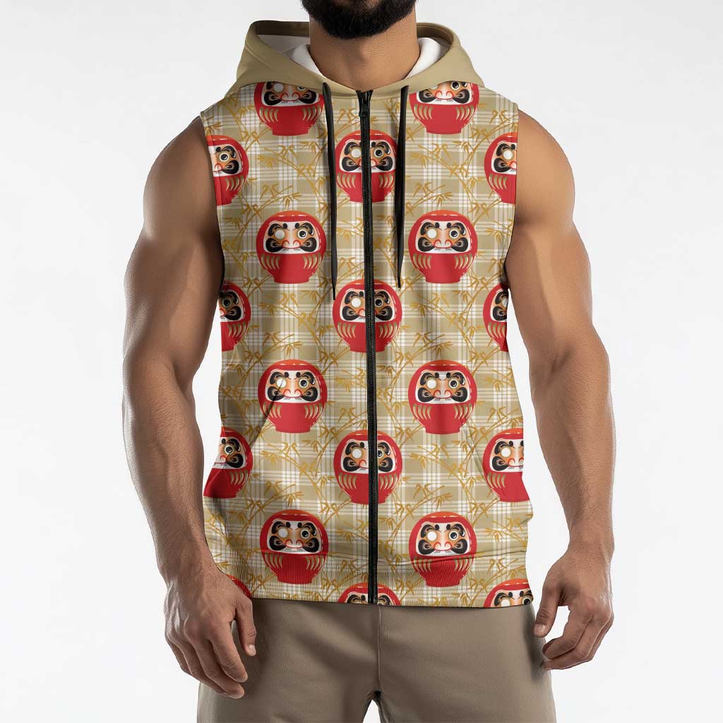 Japanese Daruma Doll Sleeveless Zip Hoodie Palaka With Seamless Bamboo Pattern - Polynesian Pride