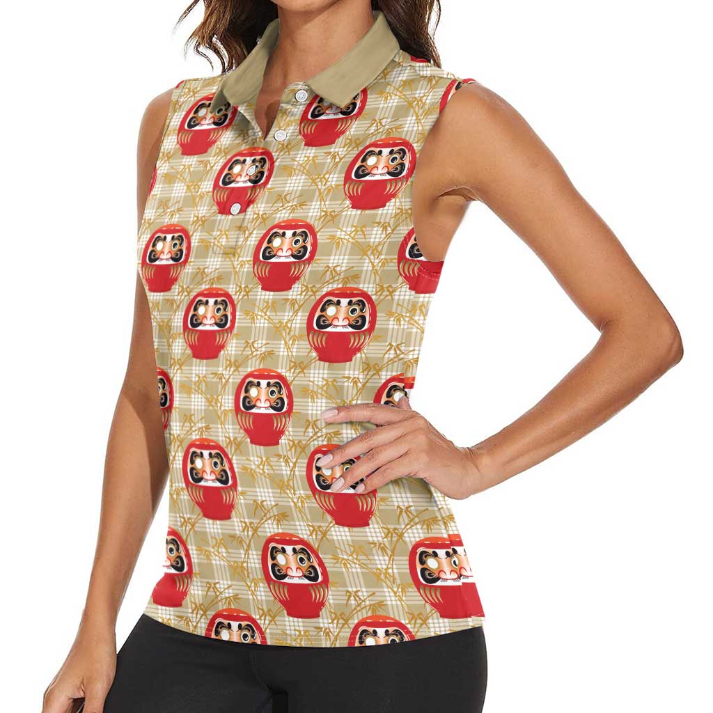 Japanese Daruma Doll Women Sleeveless Polo Shirt Palaka With Seamless Bamboo Pattern LT14 - Polynesian Pride