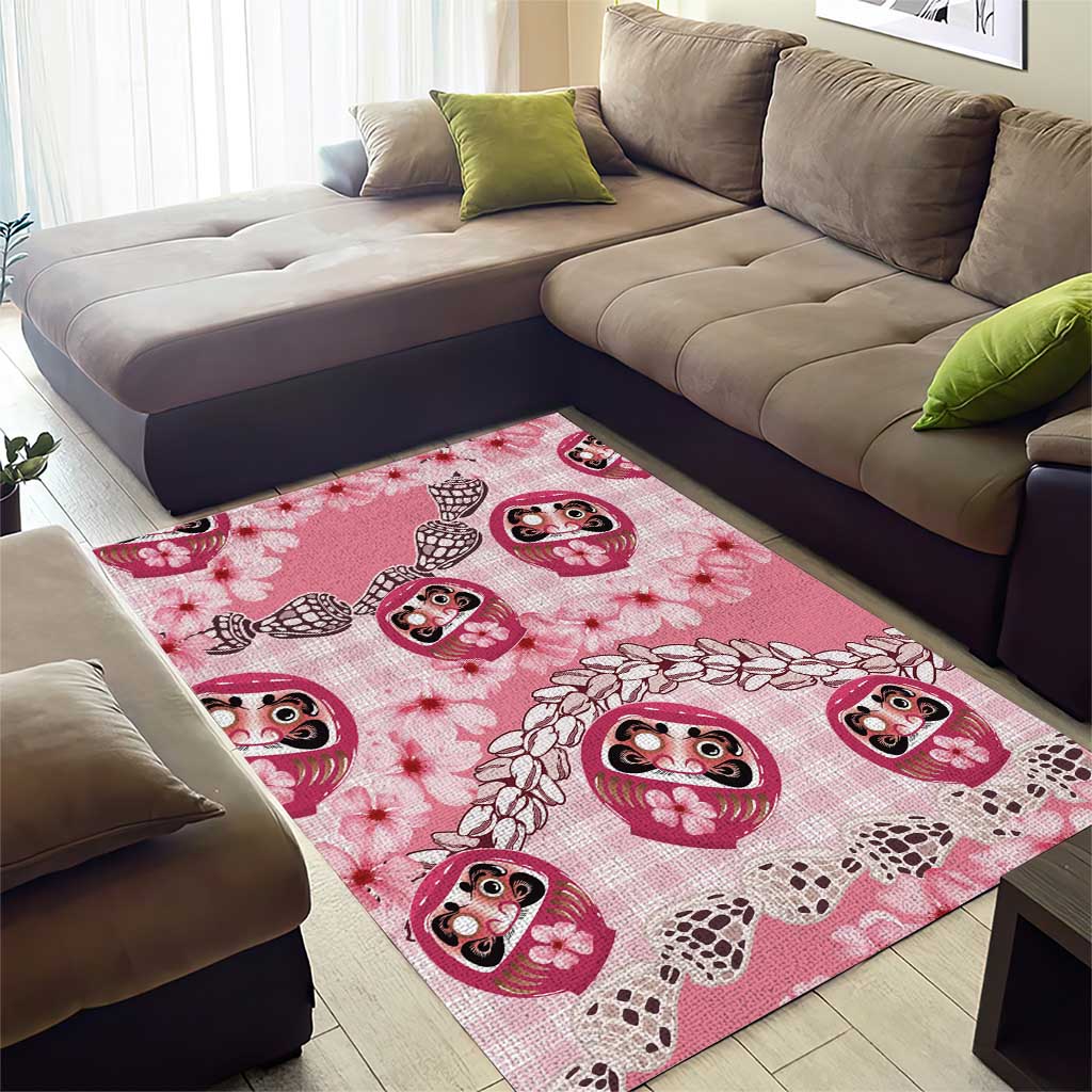 Japanese Daruma Doll Palaka Area Rug Cherry Blossoms With Shell Lei - Polynesian Pride