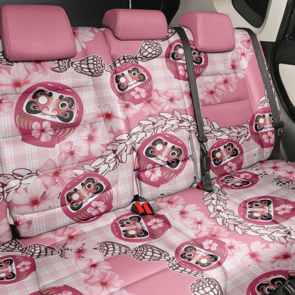 Japanese Daruma Doll Palaka Back Car Seat Cover Cherry Blossoms With Shell Lei - Polynesian Pride