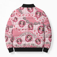 Japanese Daruma Doll Palaka Bomber Puffer Jacket Cherry Blossoms With Shell Lei - Polynesian Pride