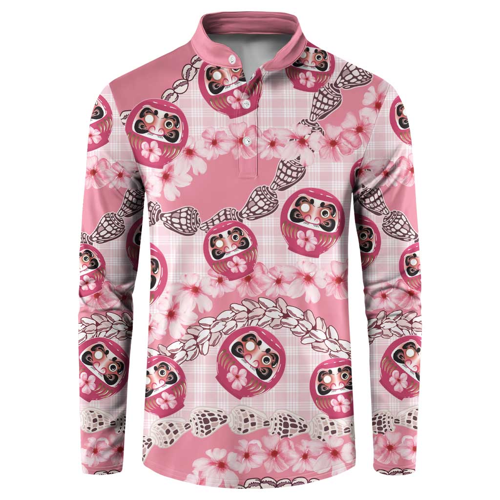 Japanese Daruma Doll Palaka Button Sweatshirt Cherry Blossoms With Shell Lei - Polynesian Pride