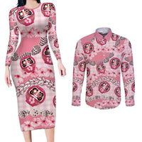 Japanese Daruma Doll Palaka Couples Matching Long Sleeve Bodycon Dress and Long Sleeve Button Shirt Cherry Blossoms With Shell Lei LT14 Pink - Polynesian Pride