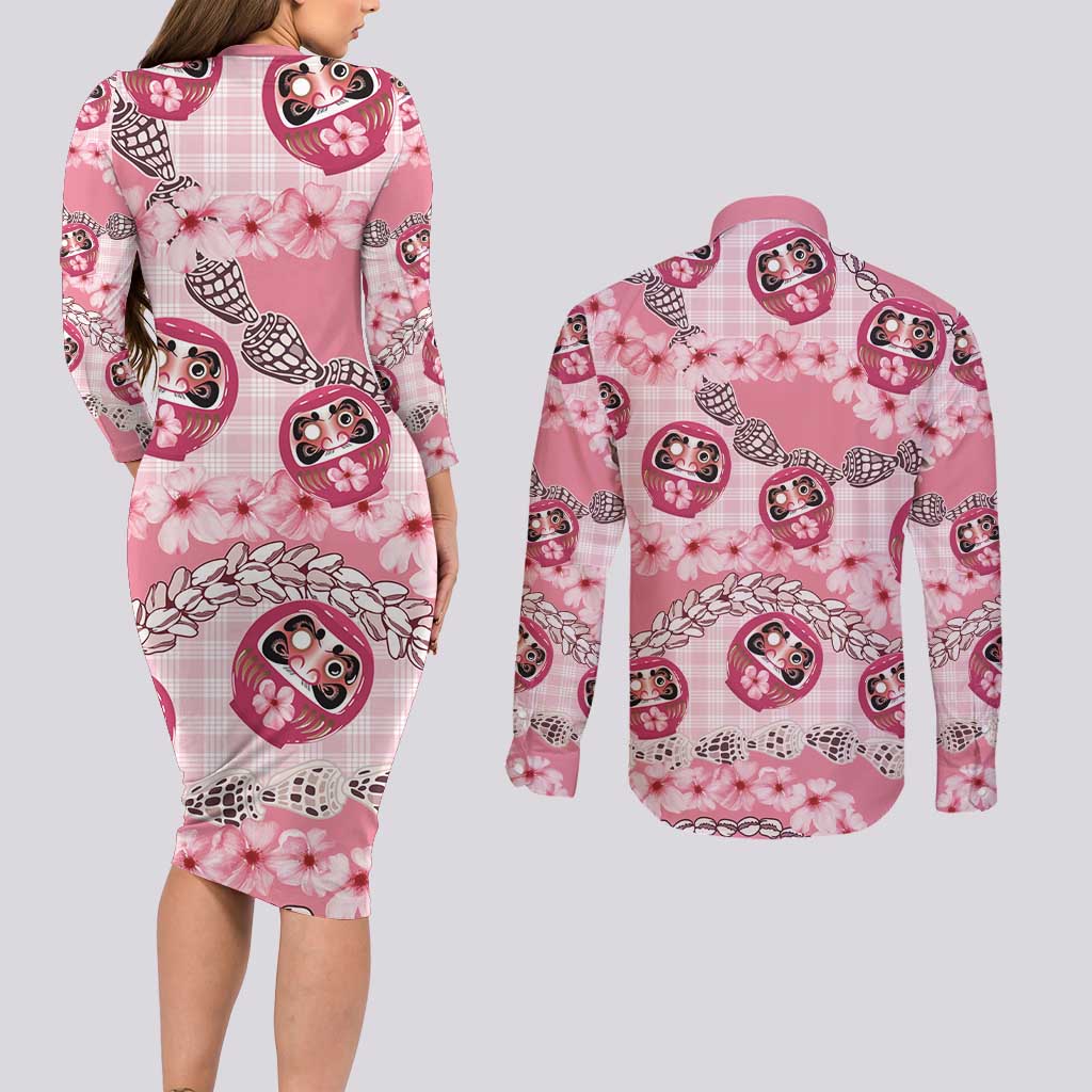 Japanese Daruma Doll Palaka Couples Matching Long Sleeve Bodycon Dress and Long Sleeve Button Shirt Cherry Blossoms With Shell Lei LT14 - Polynesian Pride