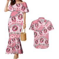 Japanese Daruma Doll Palaka Couples Matching Mermaid Dress and Hawaiian Shirt Cherry Blossoms With Shell Lei LT14 Pink - Polynesian Pride