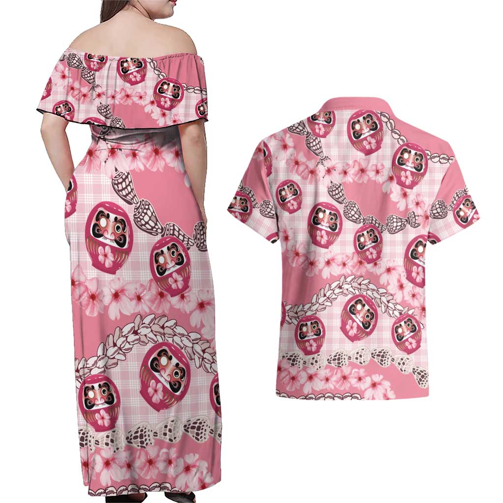 Japanese Daruma Doll Palaka Couples Matching Off Shoulder Maxi Dress and Hawaiian Shirt Cherry Blossoms With Shell Lei - Polynesian Pride