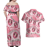 Japanese Daruma Doll Palaka Couples Matching Off Shoulder Maxi Dress and Hawaiian Shirt Cherry Blossoms With Shell Lei - Polynesian Pride