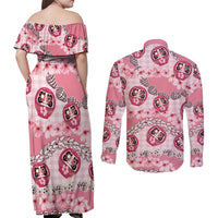 Japanese Daruma Doll Palaka Couples Matching Off Shoulder Maxi Dress and Long Sleeve Button Shirt Cherry Blossoms With Shell Lei - Polynesian Pride