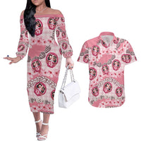 Japanese Daruma Doll Palaka Couples Matching Off The Shoulder Long Sleeve Dress and Hawaiian Shirt Cherry Blossoms With Shell Lei LT14 Pink - Polynesian Pride