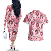 Japanese Daruma Doll Palaka Couples Matching Off The Shoulder Long Sleeve Dress and Hawaiian Shirt Cherry Blossoms With Shell Lei LT14 - Polynesian Pride