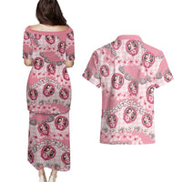 Japanese Daruma Doll Palaka Couples Matching Puletasi and Hawaiian Shirt Cherry Blossoms With Shell Lei - Polynesian Pride