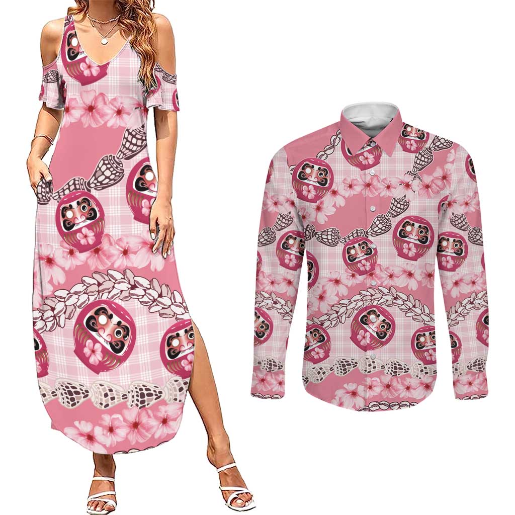 Japanese Daruma Doll Palaka Couples Matching Summer Maxi Dress and Long Sleeve Button Shirt Cherry Blossoms With Shell Lei - Polynesian Pride