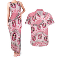 Japanese Daruma Doll Palaka Couples Matching Tank Maxi Dress and Hawaiian Shirt Cherry Blossoms With Shell Lei LT14 Pink - Polynesian Pride