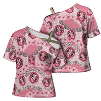 Japanese Daruma Doll Palaka Cross Shoulder Shirt Cherry Blossoms With Shell Lei - Polynesian Pride