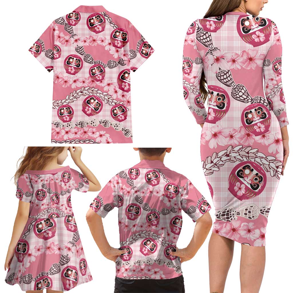 Japanese Daruma Doll Palaka Family Matching Long Sleeve Bodycon Dress and Hawaiian Shirt Cherry Blossoms With Shell Lei LT14 - Polynesian Pride